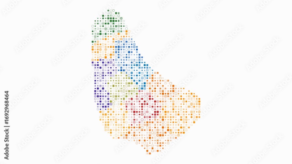 Poster barbados map animation. shape of the country with pulsating colored dots. small size rounded square 