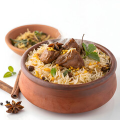 Aromatic mutton biryani served in a traditional handi, featuring spiced basmati rice layered with tender mutton pieces,
