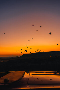 Colorful hot air balloon flying over Cappadocia, Turkey.