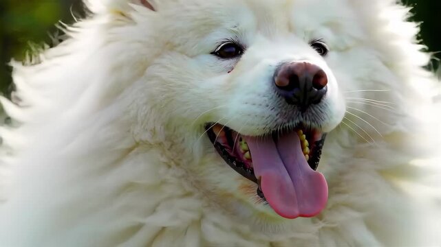 Close Up Portrait Of a Fluffy White Samoyed Dog with Tongue Out on a Green Background