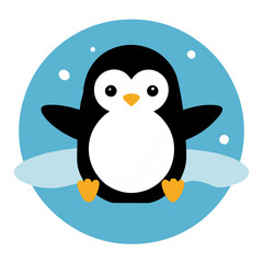 Fototapeta premium A cute cartoon penguin with orange feet and beak sits on an icy floe surrounded by a light blue circle with snowflakes