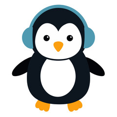 Fototapeta premium Adorable cartoon penguin wearing light blue headphones listening to music with a black background