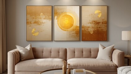 Abstract triptych artwork in warm golden hues above a textured plush sofa in a modern living room