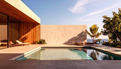 Fototapeta premium serene poolside scene with tropical plants casting shadows on a concrete wall