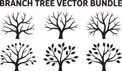 Set of six black silhouette branch trees with different shapes and styles, perfect for nature design, illustrations, branding, and decorative projects.