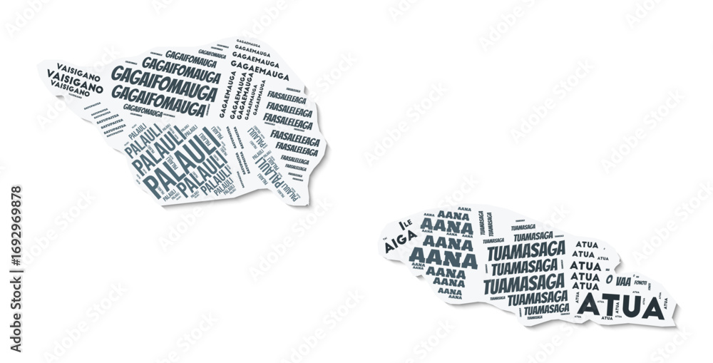 Poster samoa shape text cloud. country border with shadow on white background. samoa with regions division 