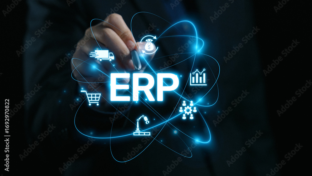 Aufkleber erp platform visual showing centralized system for enterprise resource planning, improving integrati