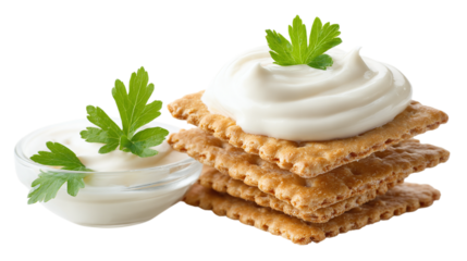 Stacked crackers with creamy dip isolated on transparent background 