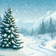 Fototapeta premium Beautiful winter landscape with two large coniferous trees covered with a snow cap on both sides of the snowy path. Snow falls smoothly, creating an atmosphere of tranquility and celebration under 