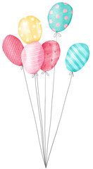 Colored balloons on a string. Watercolor illustration.
