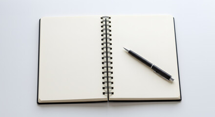 Open Notebook with Pen on White Background

