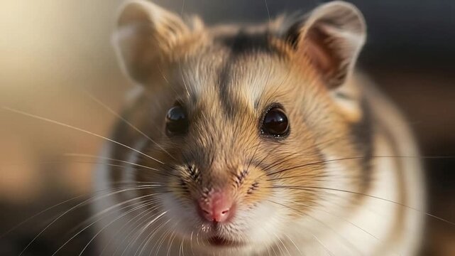 Closeup dwarf hamster portrait video frames glossy eyes whiskers soft fur lighting.