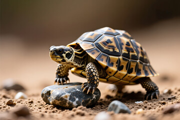 Obraz premium Turtle climbing on rock natural habitat wildlife photography close-up view