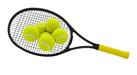 Black tennis racket with yellow balls isolated on a transparent background	