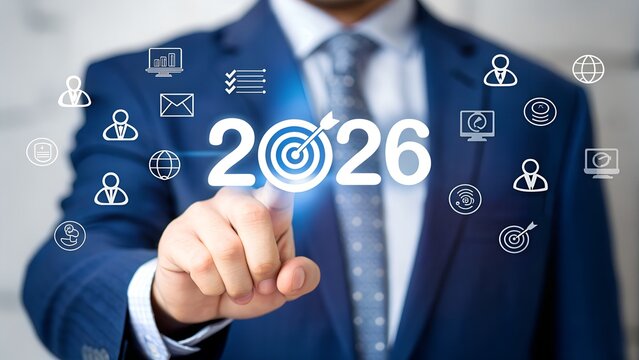 A businessman in a suit points at a holographic display showing '2026' with a target symbol, surrounded by various business and technology icons, representing future goals and strategic planning.