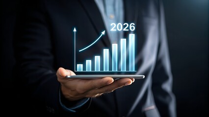 Business professional holding a tablet with a growing financial graph projected onto it, indicating growth in 2026.