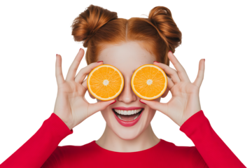 Playful Red-Haired Woman Holding Orange Halves Over Eyes – Colorful Pop-Art Style Portrait PNG on Transparent Background