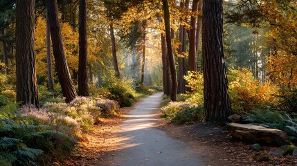 Obraz premium Peaceful Forest Path Autumn Sunlight Nature Walk Trees Golden Light Natural Beauty