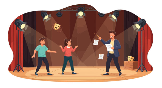 Cartoon illustration showcasing a theater director guiding actors on a stage under spotlights