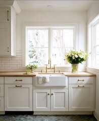 Headon shot of a kitchen with white cabinets and a wood countertop The farmhouse sink is in the center of the photo Theres an ornate brass faucet over it White