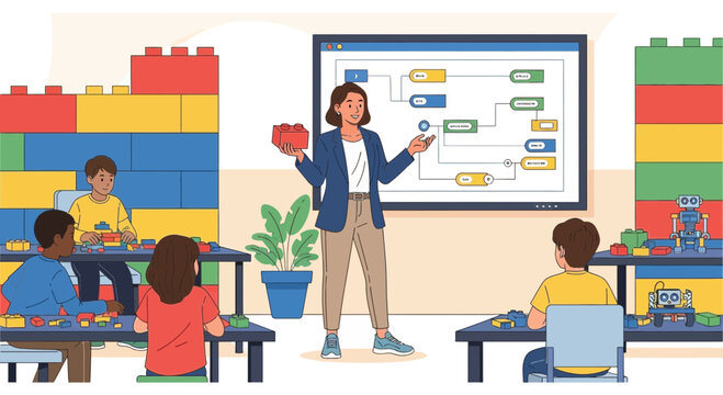 Engaging STEM Education: Teacher Guiding Children in Robotics and Coding with Building Blocks