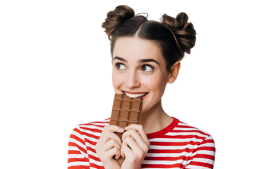 Playful Young Woman Eating Milk Chocolate Bar – Realistic Close-Up Portrait PNG with Transparent Background
