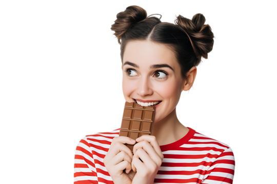 Playful Young Woman Eating Milk Chocolate Bar – Realistic Close-Up Portrait PNG with Transparent Background