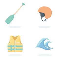 Four water sports equipment icons: paddle, helmet, life vest, and waves.