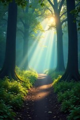 Naklejka premium Mystical Woodland Path Sunlight Dapples Through Ancient Trees, Creating an Ethereal Fog-Shrouded Scene Perfect for Fantasy and Fairytale Themes. Tranquil, Magical Atmosphere.