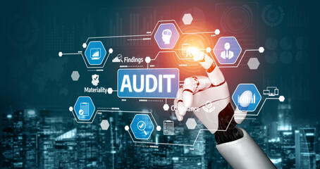 Futuristic robotic hand interacting with digital audit symbols, showcasing modern technology in finance, compliance, materiality, and data analysis in urban setting. Tessel.