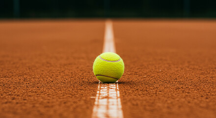 Tennis ball resting on the baseline of a clay court, ready for the next serve