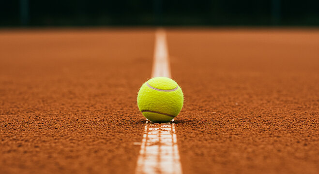 Tennis ball resting on the baseline of a clay court, ready for the next serve