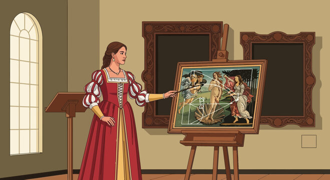 Renaissance woman explaining the golden ratio in Botticelli's Birth of Venus painting