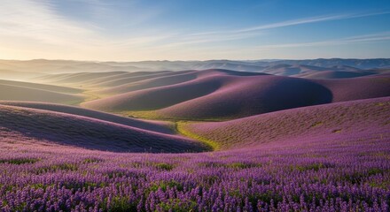Rolling Hills Covered in Purple Flowers at Sunrise