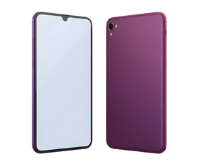 Modern Smartphone Mockup: A sleek smartphone in a vibrant purple, showcasing both front and back perspectives, highlighting its elegant design and features.