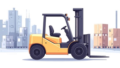 Fototapeta premium A yellow forklift in a warehouse setting, with a city backdrop