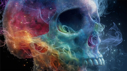 Skull with colorful smoke flowing out, vibrant hues, set against space background with stars, hyperrealistic 3D render