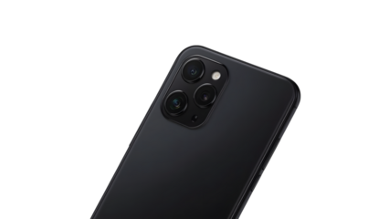 Modern Smartphone Technology: A sleek, black smartphone showcasing a high-tech triple-lens camera system, embodying innovation and connectivity, in a clean studio environment.