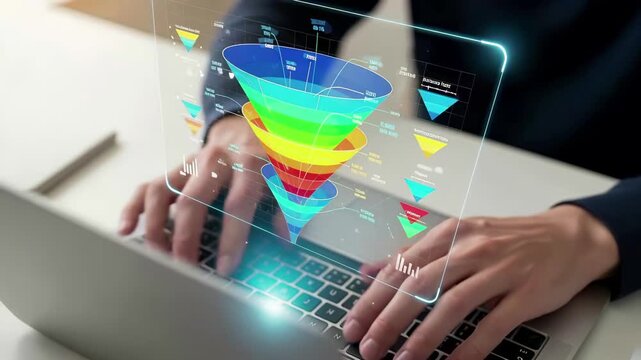 Hands type on laptop with holographic sales funnel visualization above keyboard. Digital marketing analytics dashboard with colorful conversion stages. Business intelligence data projection technology
