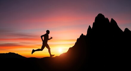 Silhouette of a man running uphill towards a mountain peak against a vibrant sunset sky.