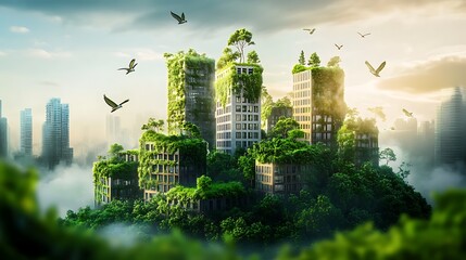Sustainable green city buildings thriving with plants and trees representing environmental conservation photo