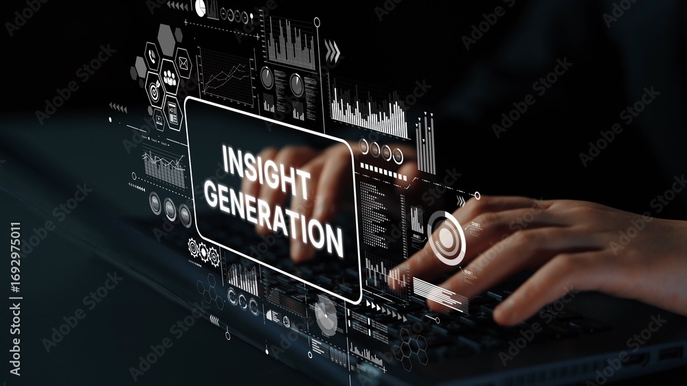 Poster digital interface with data analysis concept showing insights generation on futuristic screen with h