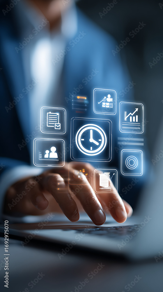 Poster person using digital interface with business icons and clock technology
