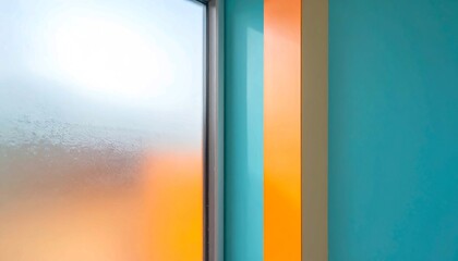A modern abstract background with clean lines and geometric shapes, featuring a section of frosted glass window next to vertical stripes of bright orange and vibrant teal on a solid wall
