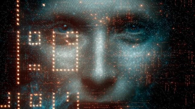 Digital face overlay with blue eyes and binary code pattern in a futuristic technology theme