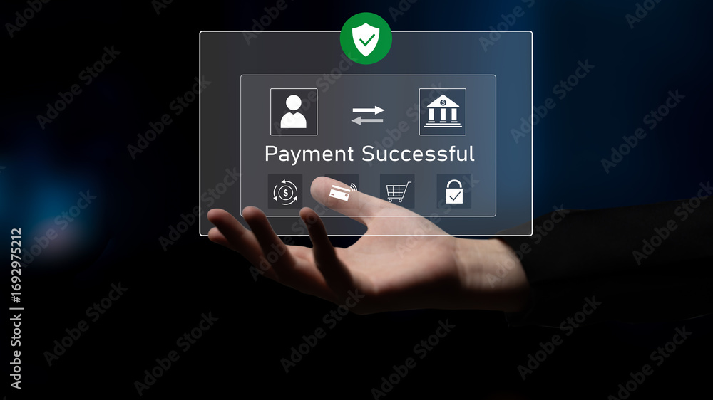Poster successful transaction message showing secure payment. payment confirmed, secured, payment processed