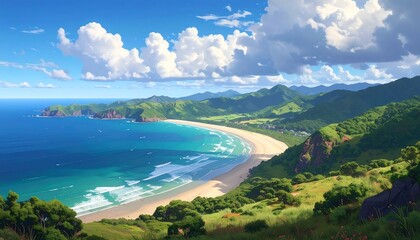 Naklejka premium A picturesque coastal vista under a bright blue sky, featuring a sandy beach and gentle waves lapping the shore, surrounded by lush green hills and mountains, under a cloudy sky