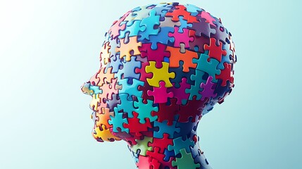 The human head silhouette created from colorful jigsaw puzzle pieces in a conceptual photo