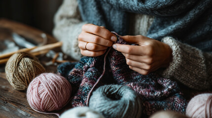 Handmade Knitting Project with Yarn and Needles on Cozy Background