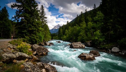 Mountain river rushing through trees